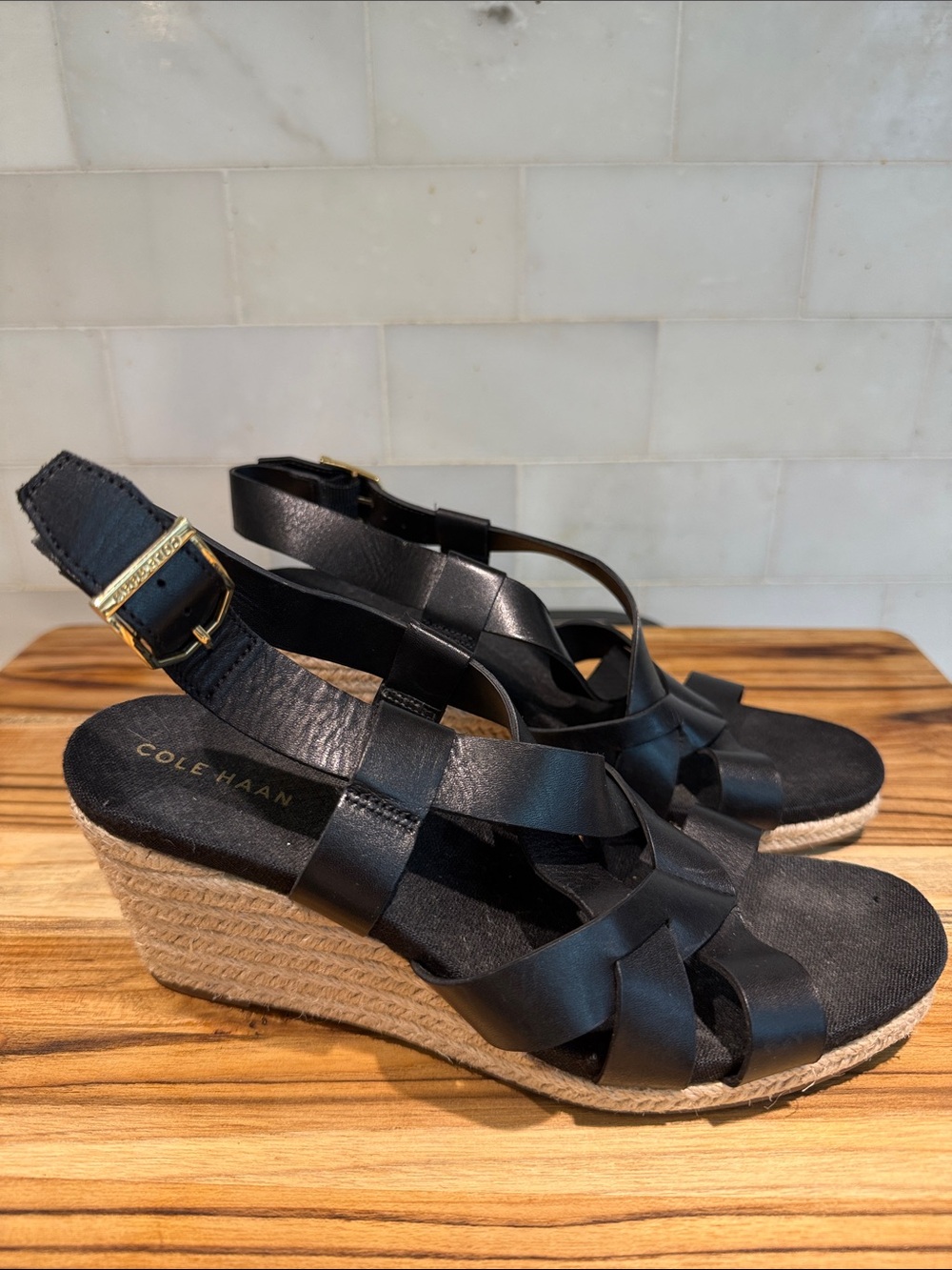 Cole Haan Black Leather Woven Espadrille Wedge Sandals with Gold Buckle